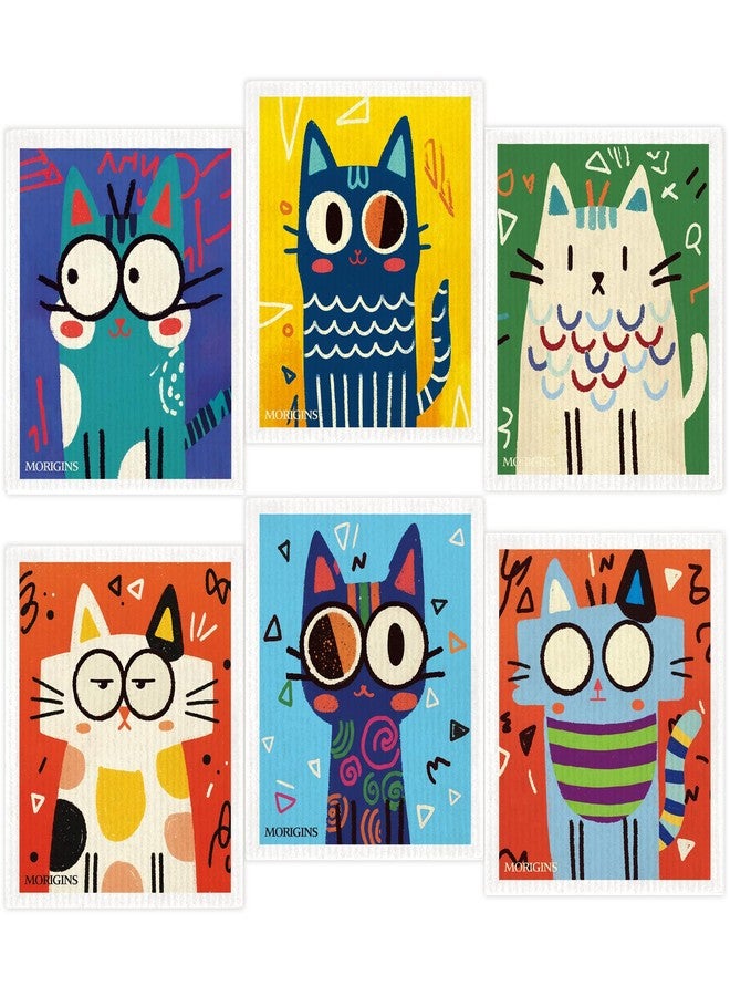 Morigins Cute Cat Series Swedish-Style Dishcloths 6-Piece Set Abstract-Style Colorful Cat Reusable Absorbent Towels Ideal for Kitchens, Bathrooms, and Countertop Cleaning Cellulose Sponge Cloths - Image 1